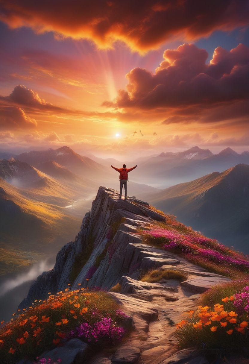A bold individual standing on a mountain peak, arms wide open, embracing the sunrise. Surround them with vibrant colors of hope and ambition, emphasizing a stark contrast to a stormy, dark world below. Include symbols of resilience like butterflies and blooming flowers floating in the air. Capture the essence of freedom and positivity amidst adversity. super-realistic. vibrant colors. 3D.