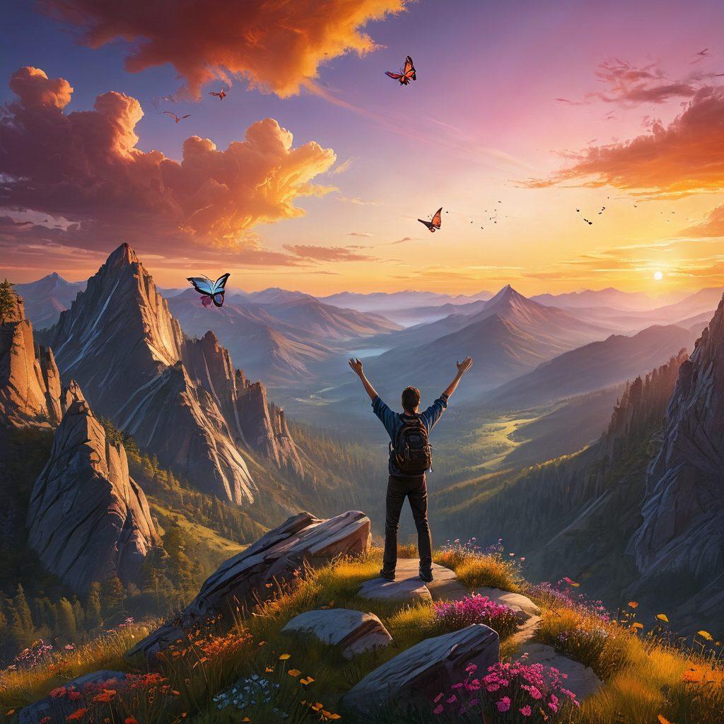 A confident person standing on a mountaintop, arms raised triumphantly towards a radiant sunrise, surrounded by swirling vibrant colors of joy and energy. Elements like butterflies and hearts flutter around, symbolizing happiness and freedom, while a shadowy figure in the background represents overcoming fears. The landscape is lush and inviting, capturing the essence of unleashing your inner badass. super-realistic. vibrant colors. 3D.