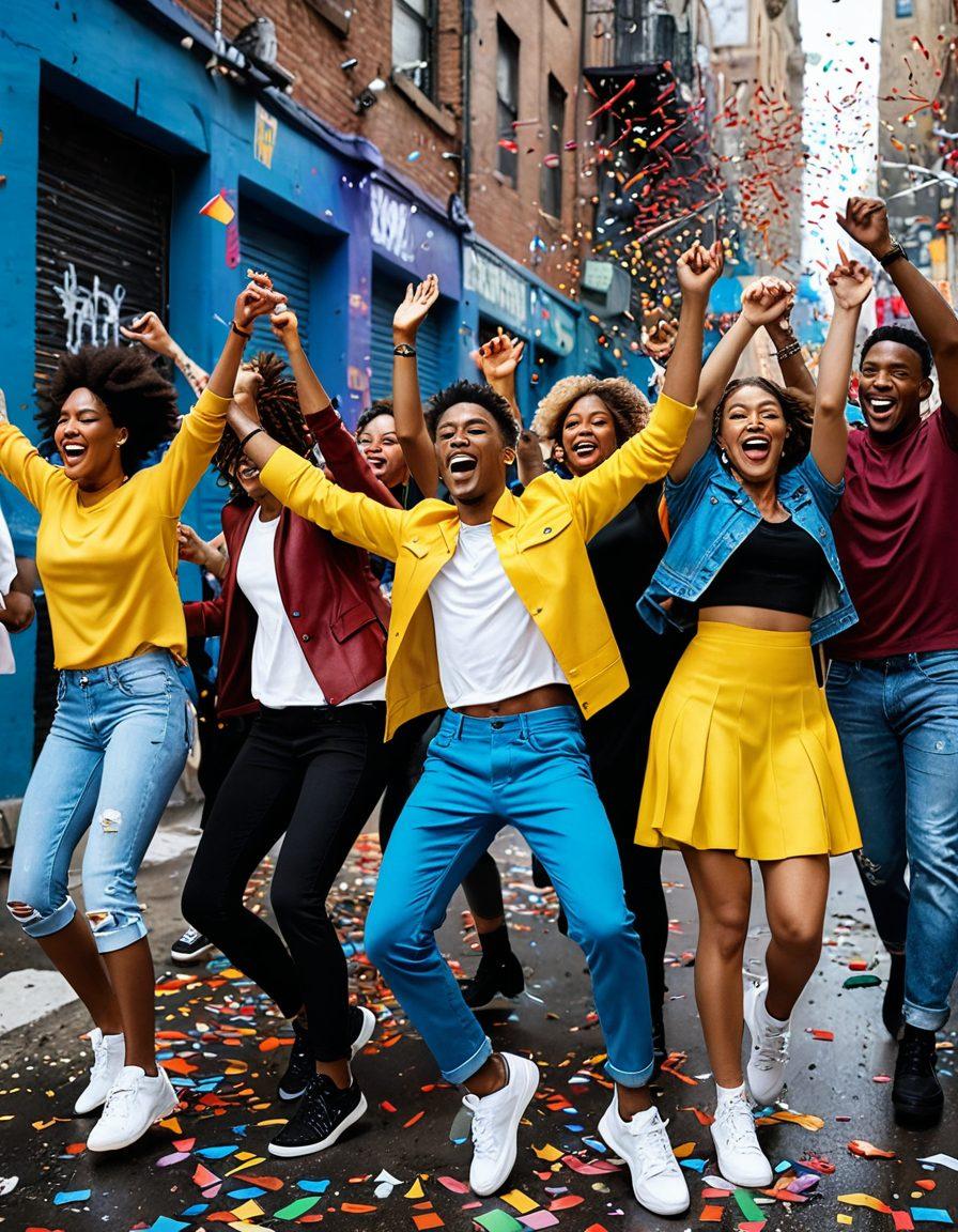 A bold and vibrant scene depicting a diverse group of fierce individuals joyfully celebrating life amidst a backdrop of a bustling urban environment. Include elements like colorful confetti, expressive dance moves, and radiant smiles. Incorporate uplifting messages in graffiti style, showcasing the theme of unapologetic happiness. The setting should feel electric and empowering, radiating positivity and strength. super-realistic. vibrant colors. dynamic composition.